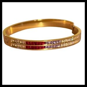 NWOT Gold Tone Bangle Bracelet Multicolored Gemstones Rhinestone Crystal Hinged